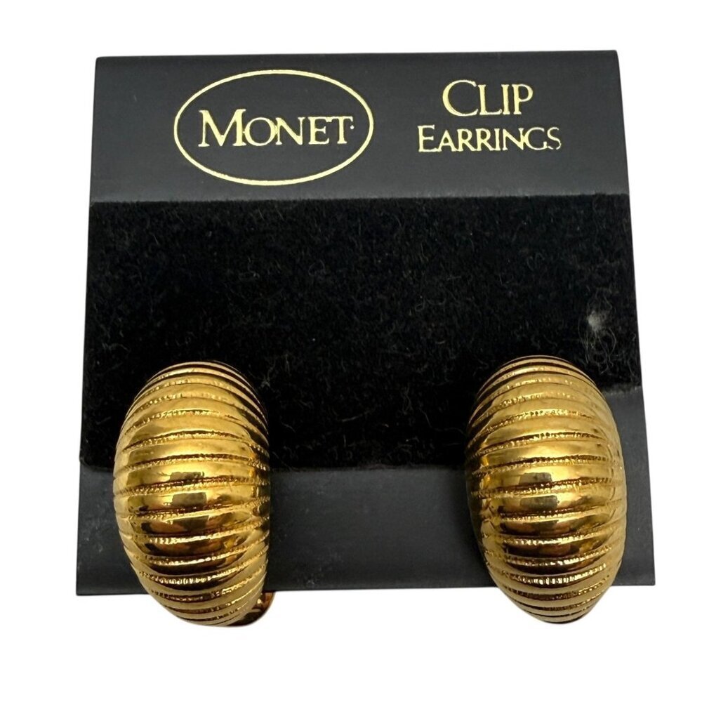MONET Earrings Clip On Huggie Hoop Goldtone New Old Stock NOS Classic Jewelry